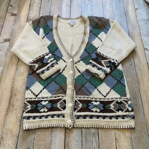 Vintage Casual Corner Cream and Green Argyle Cardigan medium cotton ramie